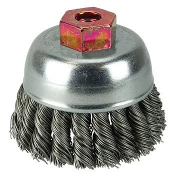 Weiler Steel Cup Brush – Threaded Arbor Attachment – 2-3/4 in Diameter – M10 x 1.50 Center Hole – 0.020 in Bristle Diameter – Brush Style: Hurricane Twist – 13282