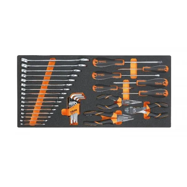 BETA 027500011 – Soft foam tray with combination wrenches, Beta Easy screwdrivers, pliers and offset hexagon key wrenches (34 pcs.)