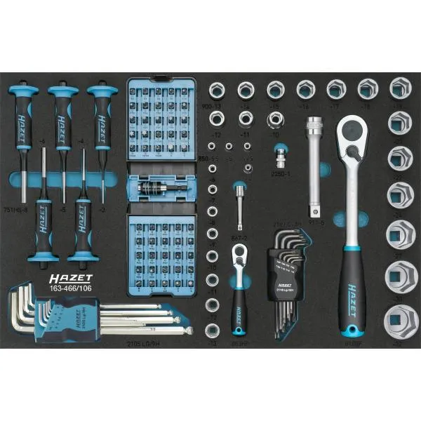 HAZET 163-466/106 – Screwdrivers, allen wrenches, ratchets and sockets 1/2 “and 1/4” set (106 pcs.)