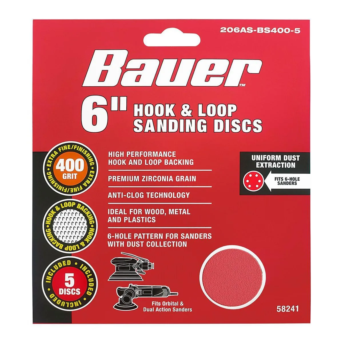 BAUER 6 in. 400 Grit Hook and Loop 6-Hole Pattern Sanding Discs with Zirconia Grain, 5-Pack