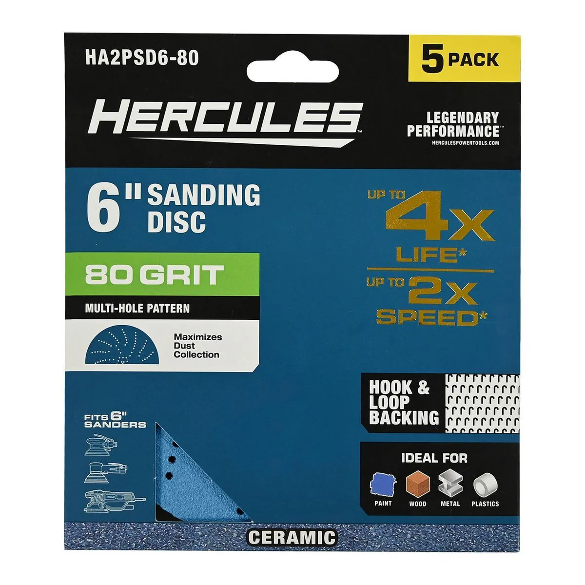 HERCULES 6 in., 80 Grit Hook and Loop Multi-Hole Pattern Sanding Disc with Ceramic Alumina Grain, 5-Pack
