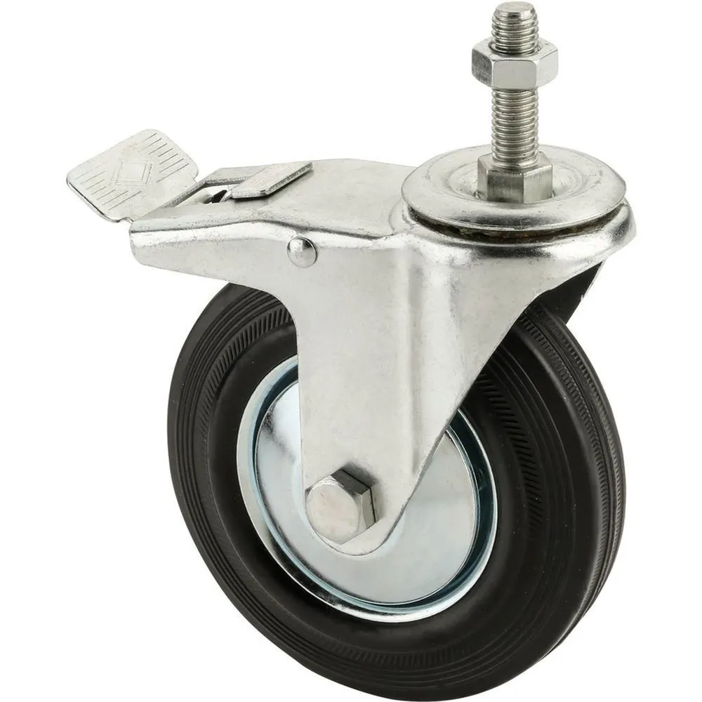 Woodstock Steelex 5″ Black Rubber Swivel Caster, M12x1.75 Threaded Mount with Lock D4643