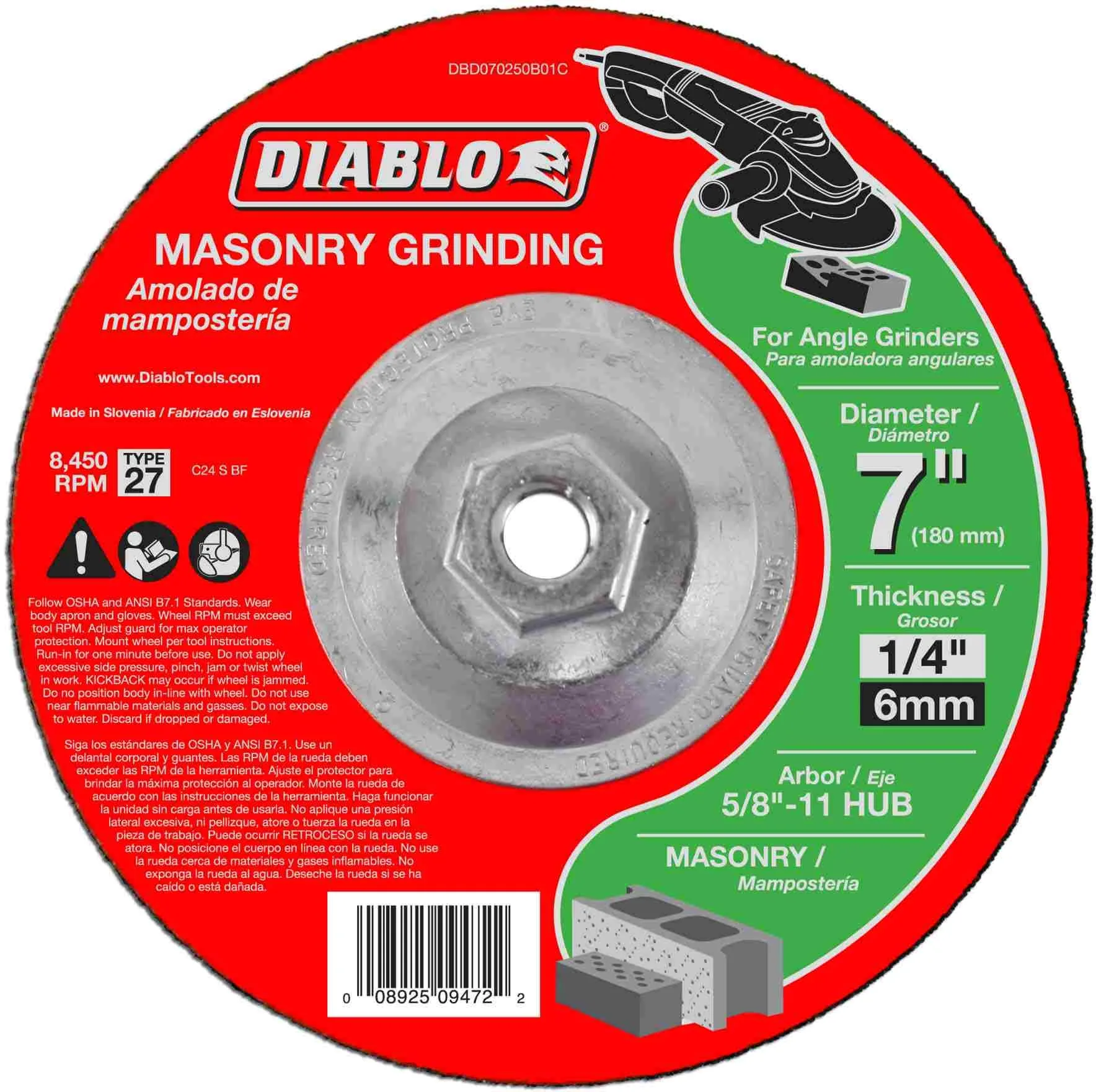 Diablo DBD070250B01C 7 Inch Masonry Grinding Disc – Type 27 HUB