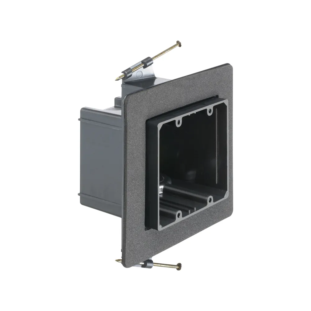 Versatile non conductive outlet box for new construction, two gang screw on. 42 cu inches. Grounding Clip