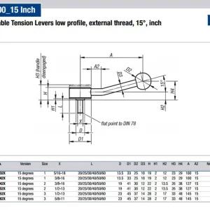 Kipp 5/8-11×40 Adjustable Tension Levers, Low Profile, External Thread, 15 Degrees, Size 3 (Qty. 1), K0114.3A62X40