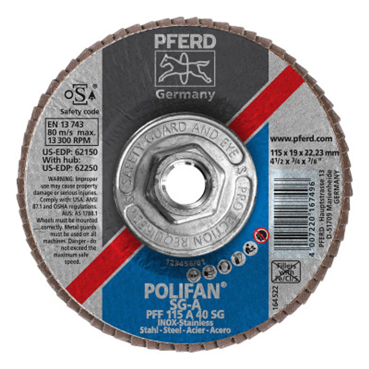 Pferd Type 27 POLIFAN SG Flap Discs, 4 1/2″,40 Grit,5/8 Arbor, 13,300 rpm,Alum Ox(A), 1 EA, #62250