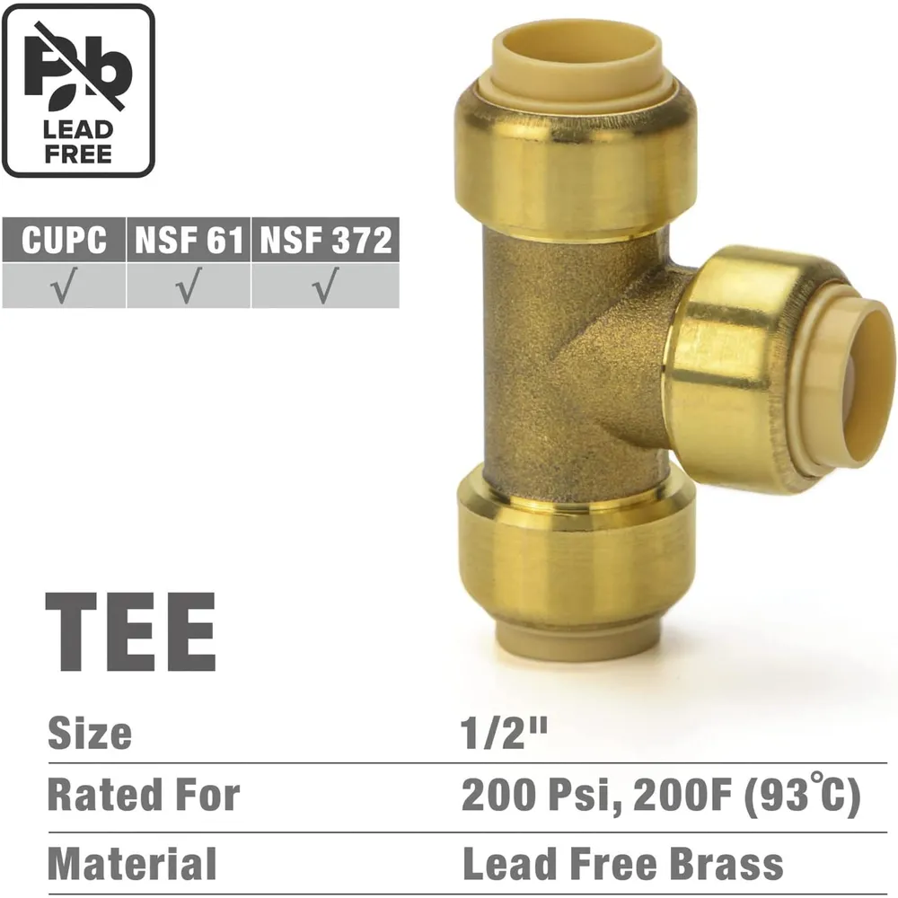 1/2″ Push to Connect Tee Fitting for Copper, CPVC and PEX Piping -5 Pack